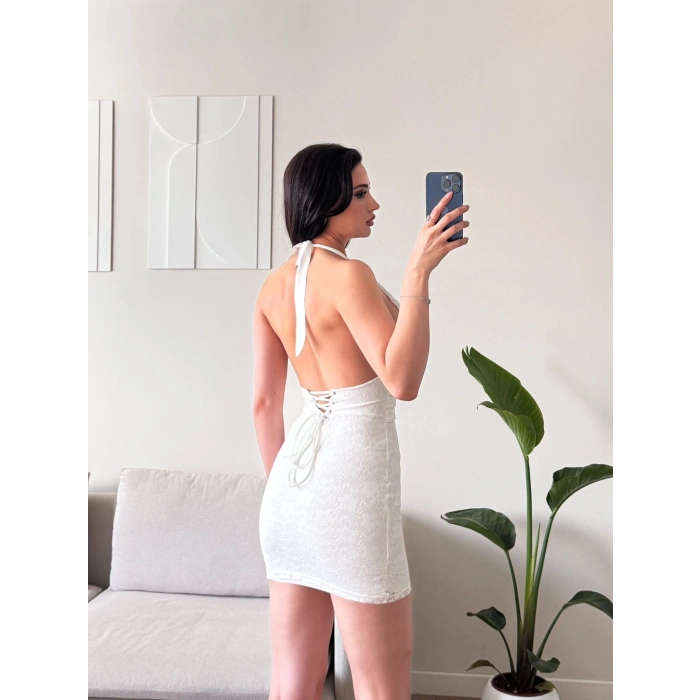 Biyeli Boyun Bağlamalı Elbise - BEYAZ