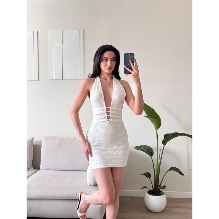 Biyeli Boyun Bağlamalı Elbise - BEYAZ