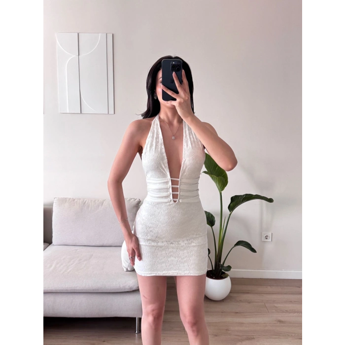 Biyeli Boyun Bağlamalı Elbise - BEYAZ