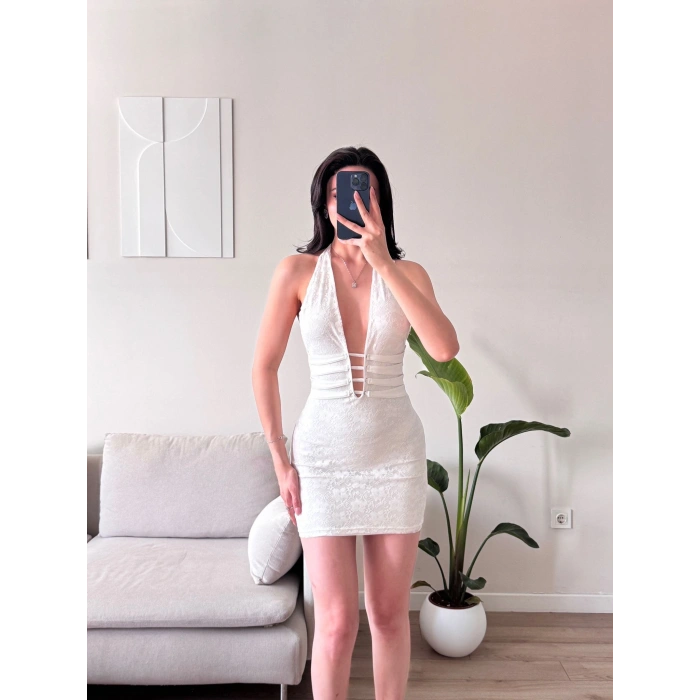 Biyeli Boyun Bağlamalı Elbise - BEYAZ