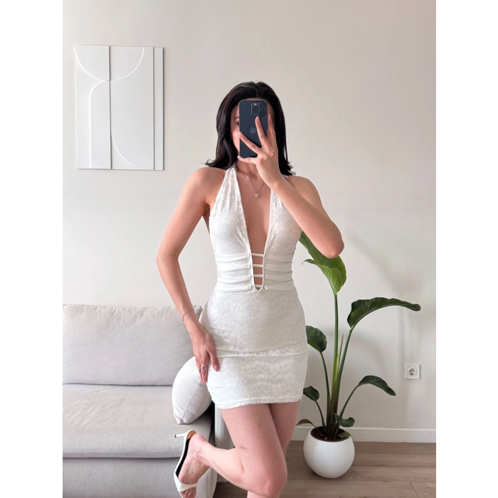 Biyeli Boyun Bağlamalı Elbise - BEYAZ