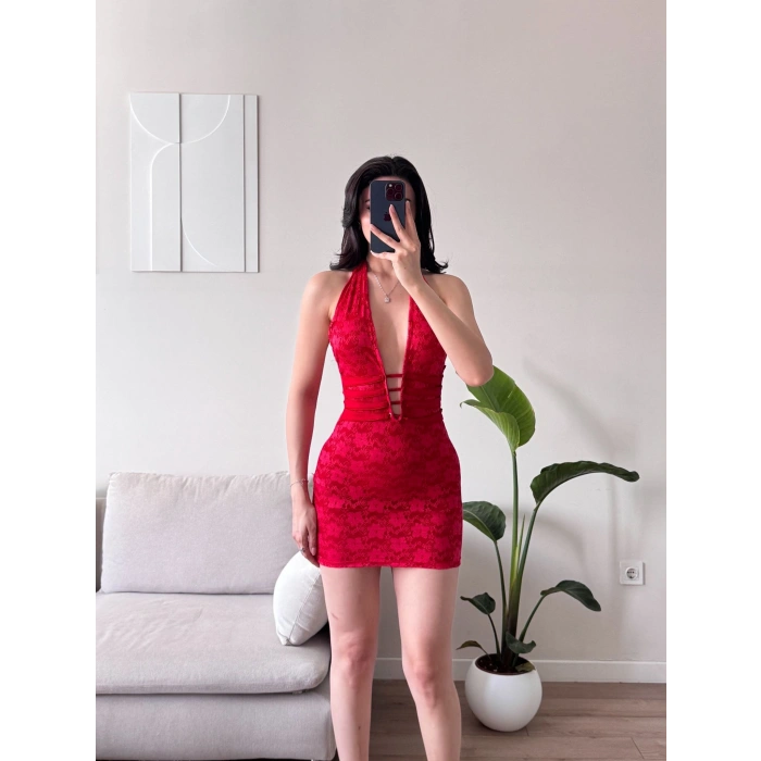 Biyeli Boyun Bağlamalı Elbise - KIRMIZI