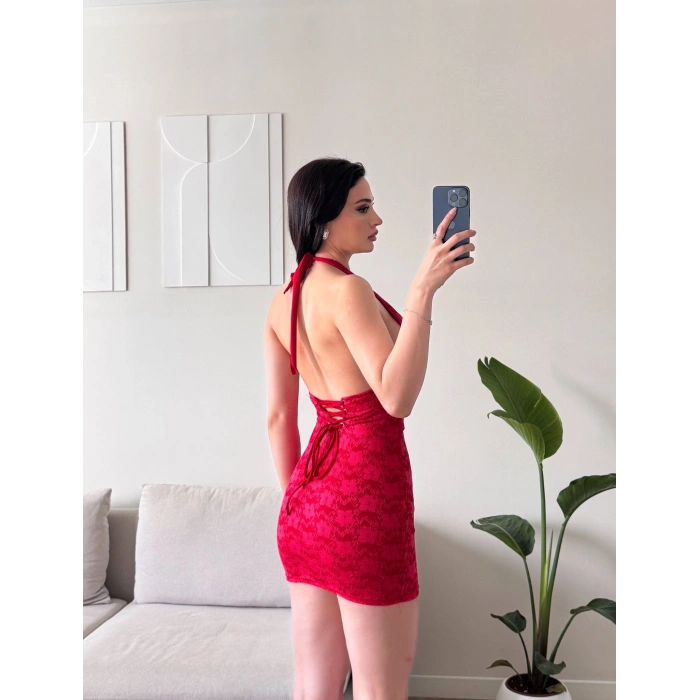 Biyeli Boyun Bağlamalı Elbise - KIRMIZI