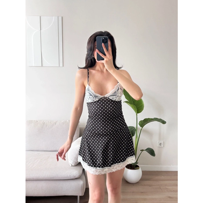 Puantiyeli Dantel Detay Elbise - SİYAH