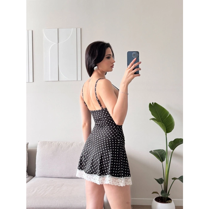 Puantiyeli Dantel Detay Elbise - SİYAH