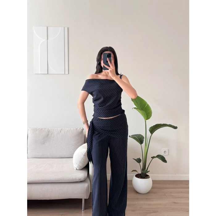 Çizgili Düşük Omuz Takım - LACİVERT