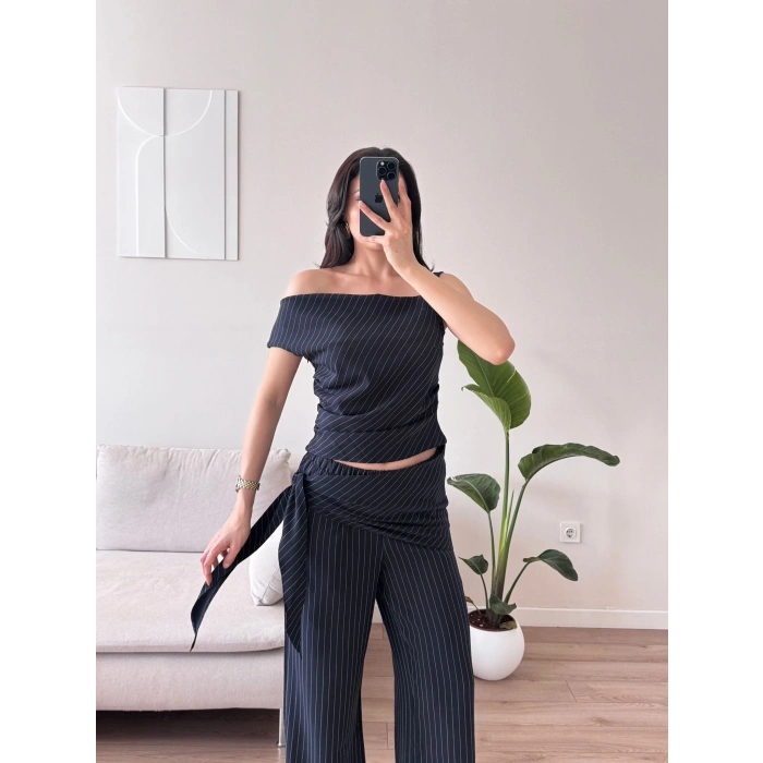 Çizgili Düşük Omuz Takım - LACİVERT