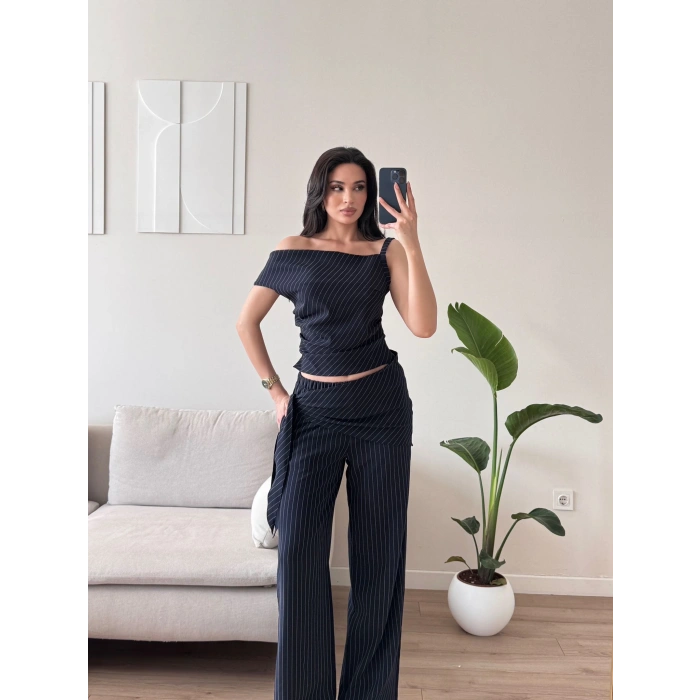 Çizgili Düşük Omuz Takım - LACİVERT