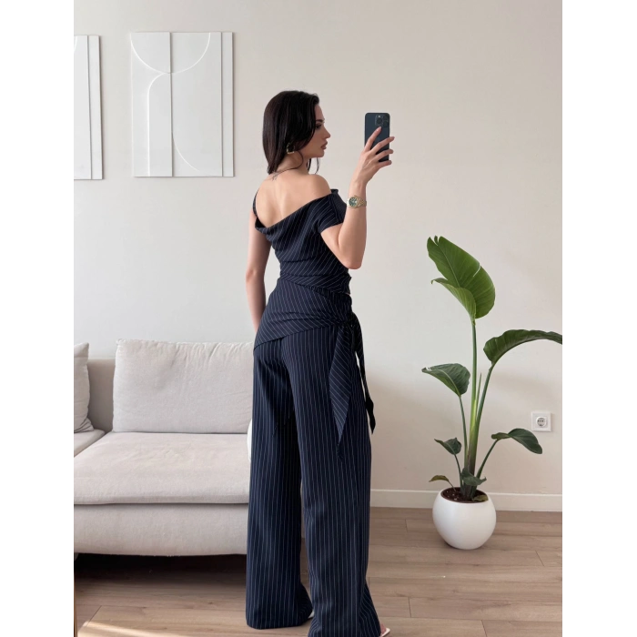 Çizgili Düşük Omuz Takım - LACİVERT