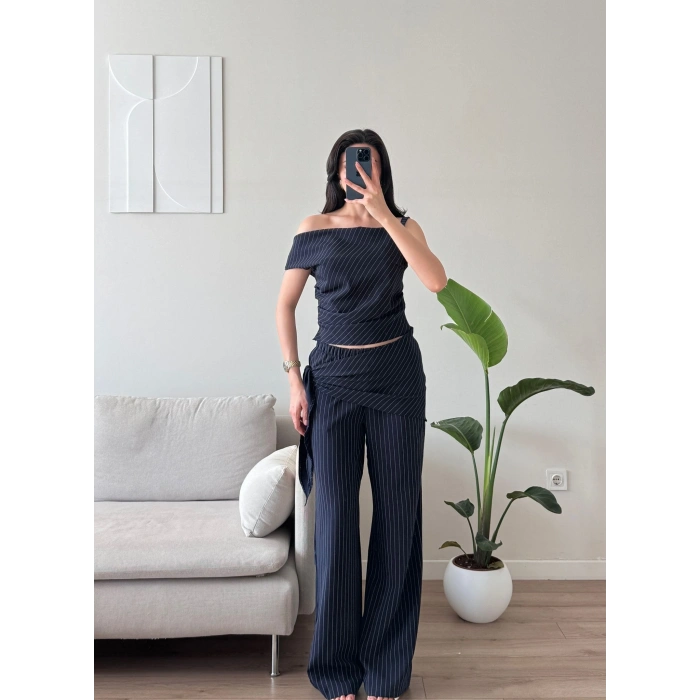 Çizgili Düşük Omuz Takım - LACİVERT