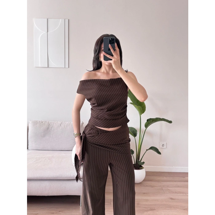 Çizgili Düşük Omuz Takım - KAHVE