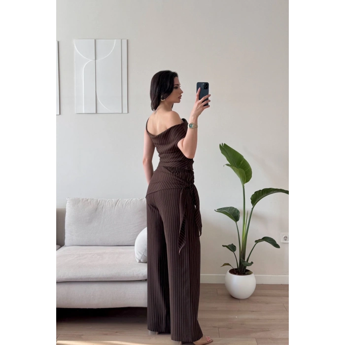 Çizgili Düşük Omuz Takım - KAHVE