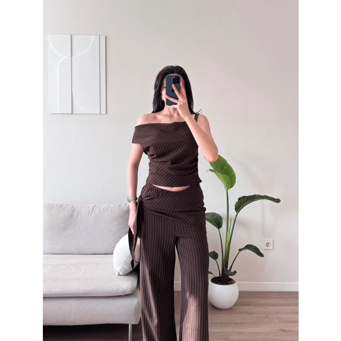 Çizgili Düşük Omuz Takım - KAHVE