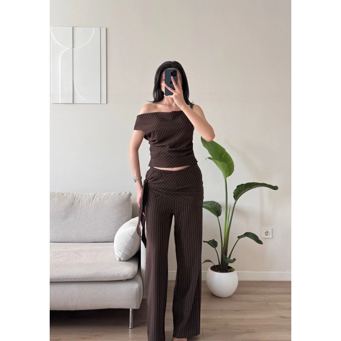 Çizgili Düşük Omuz Takım - KAHVE