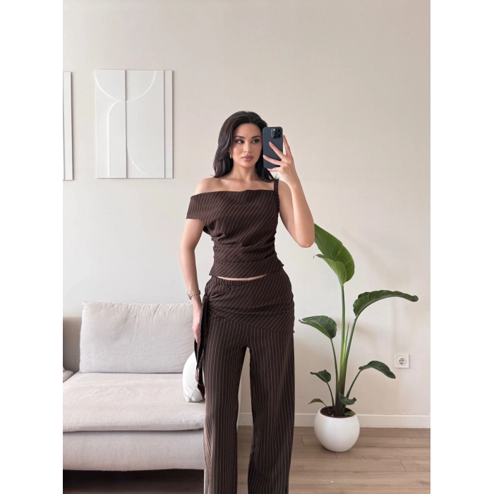 Çizgili Düşük Omuz Takım - KAHVE