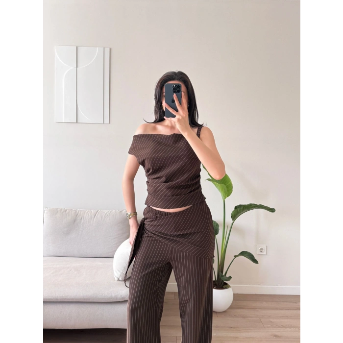 Çizgili Düşük Omuz Takım - KAHVE