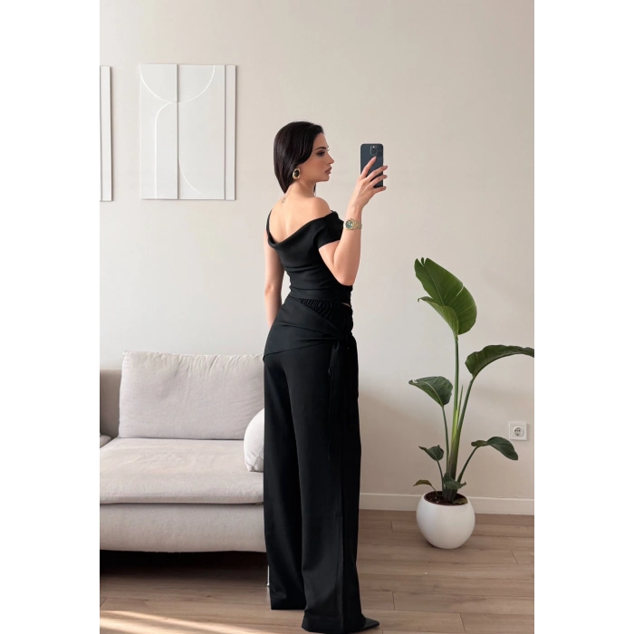 Çizgili Düşük Omuz Takım - SİYAH