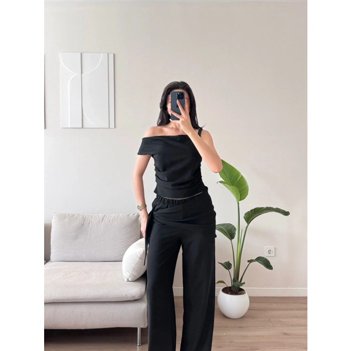 Çizgili Düşük Omuz Takım - SİYAH