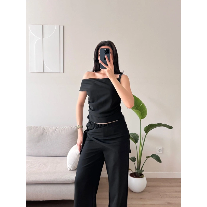 Çizgili Düşük Omuz Takım - SİYAH