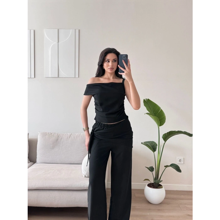 Çizgili Düşük Omuz Takım - SİYAH