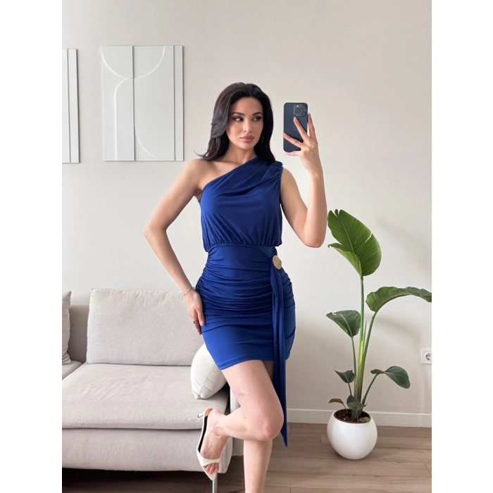 Tek Omuz Kuşaklı Elbise - SAKS MAVİSİ