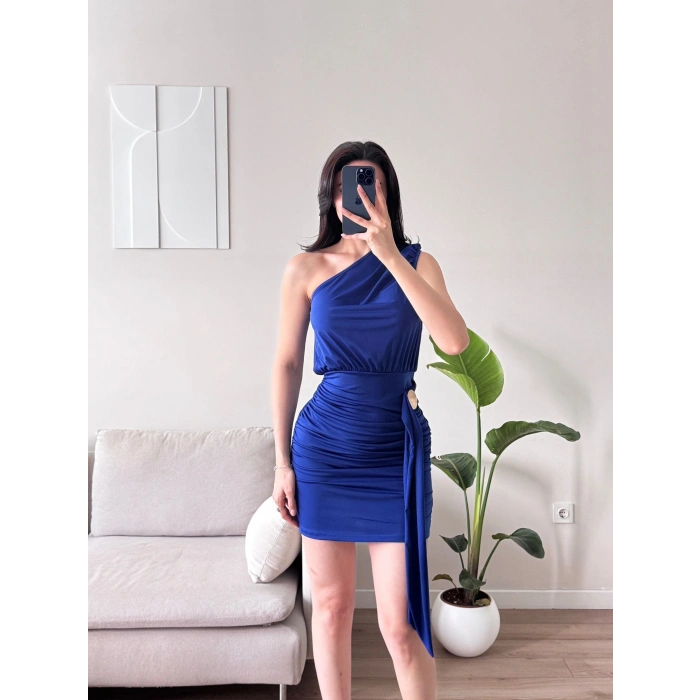 Tek Omuz Kuşaklı Elbise - SAKS MAVİSİ