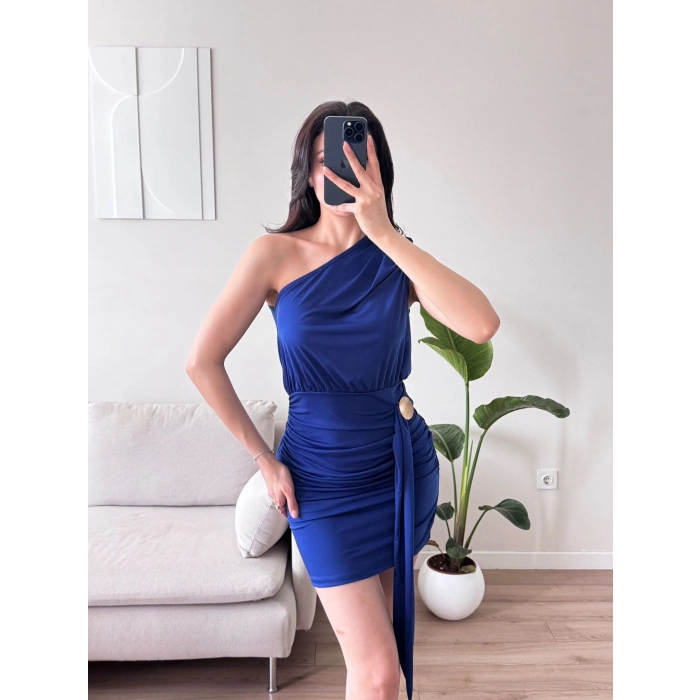 Tek Omuz Kuşaklı Elbise - SAKS MAVİSİ