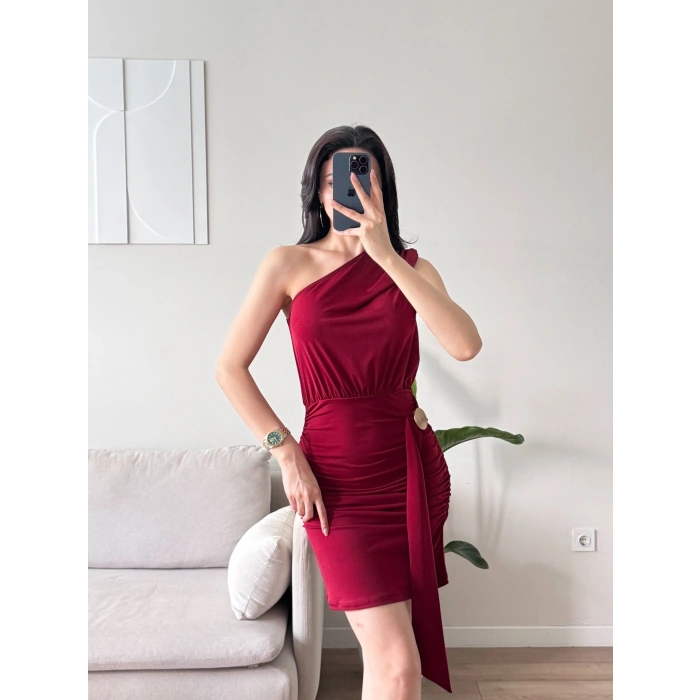Tek Omuz Kuşaklı Elbise - BORDO