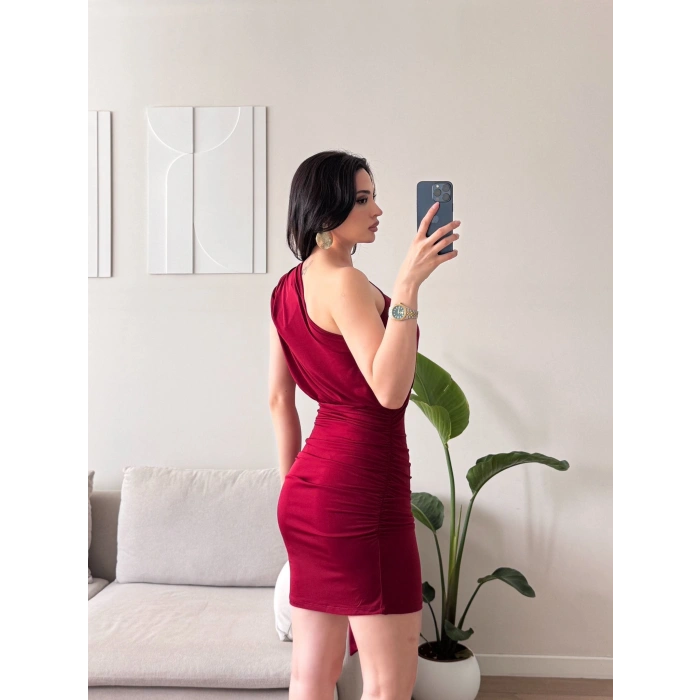 Tek Omuz Kuşaklı Elbise - BORDO