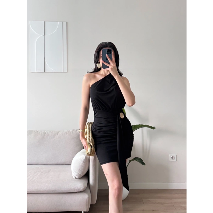 Tek Omuz Kuşaklı Elbise - SİYAH