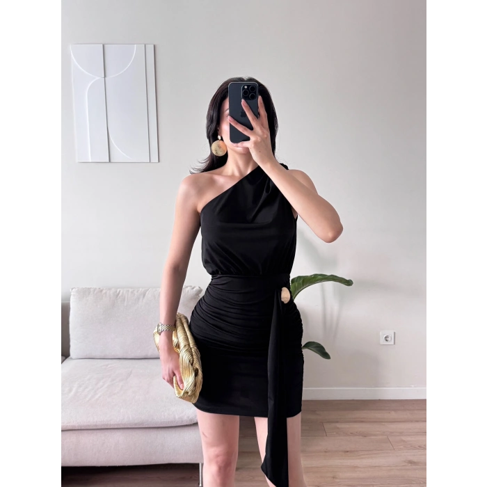 Tek Omuz Kuşaklı Elbise - SİYAH