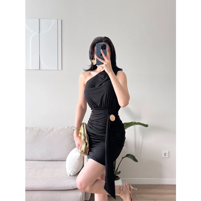 Tek Omuz Kuşaklı Elbise - SİYAH