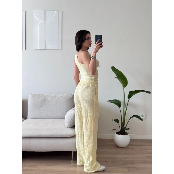 Tek Omuz Crop & Pantolon Takım -  SARI