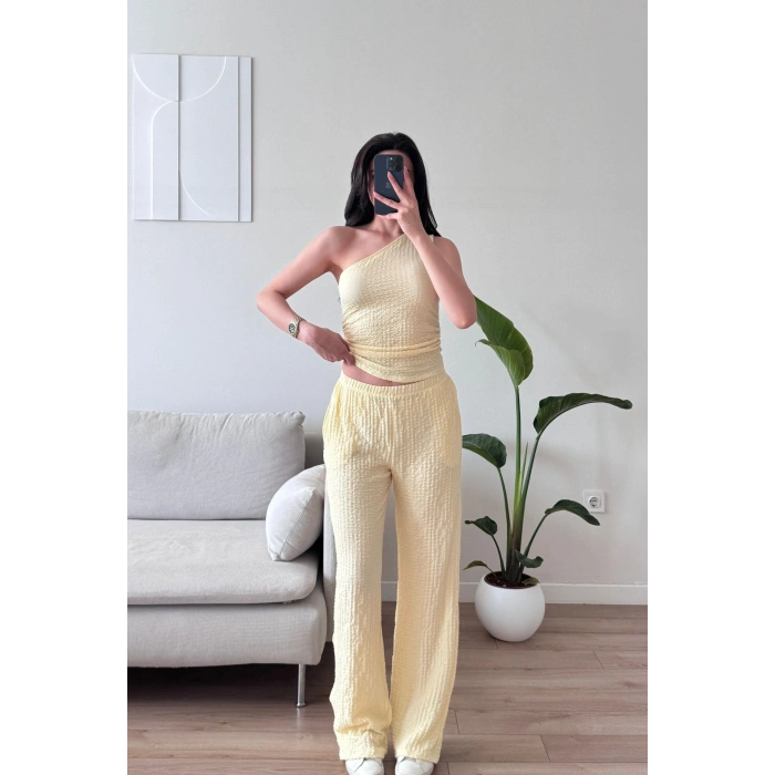 Tek Omuz Crop & Pantolon Takım -  SARI