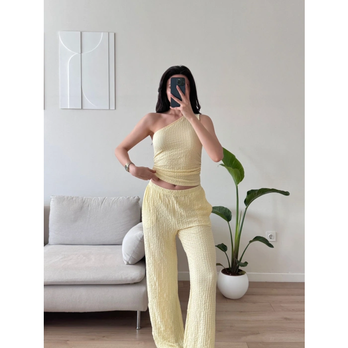 Tek Omuz Crop & Pantolon Takım -  SARI