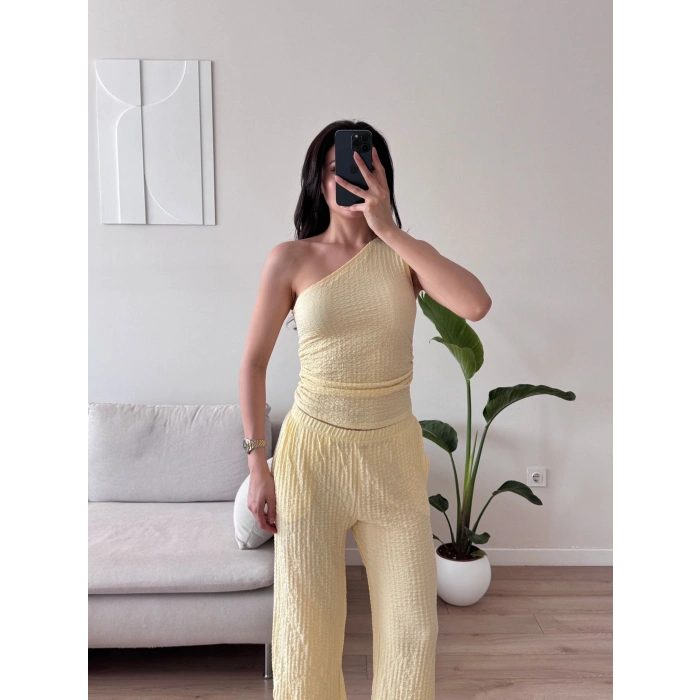 Tek Omuz Crop & Pantolon Takım -  SARI