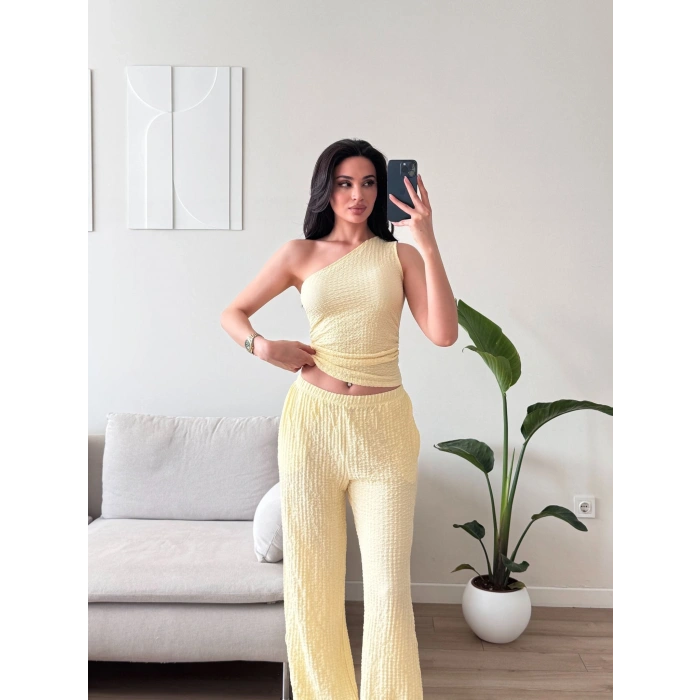 Tek Omuz Crop & Pantolon Takım -  SARI