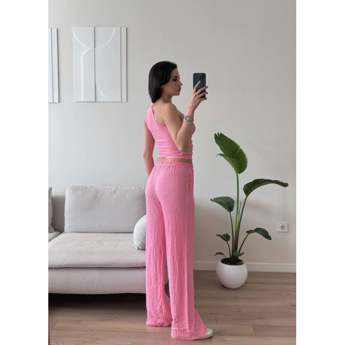 Tek Omuz Crop & Pantolon Takım - PEMBE
