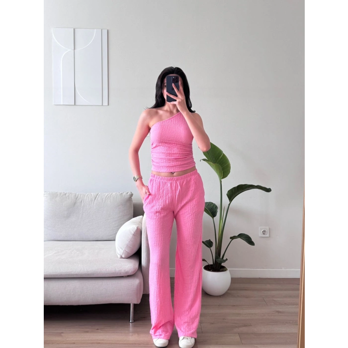 Tek Omuz Crop & Pantolon Takım - PEMBE