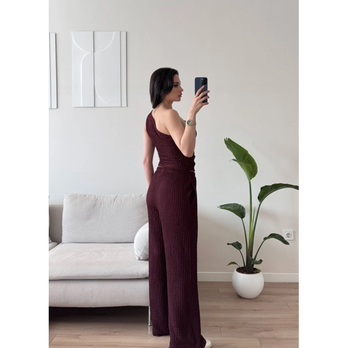 Tek Omuz Crop & Pantolon Takım - MÜRDÜM