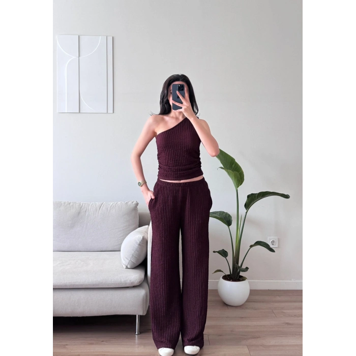 Tek Omuz Crop & Pantolon Takım - MÜRDÜM