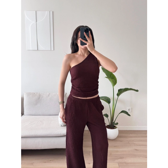 Tek Omuz Crop & Pantolon Takım - MÜRDÜM