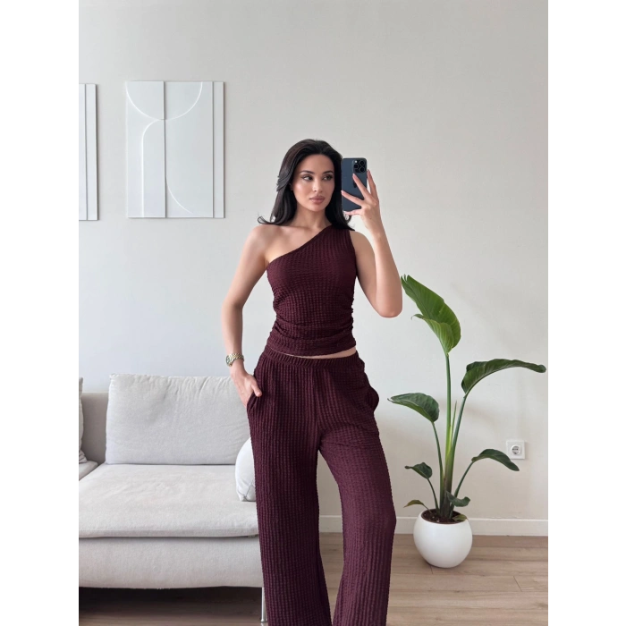 Tek Omuz Crop & Pantolon Takım - MÜRDÜM