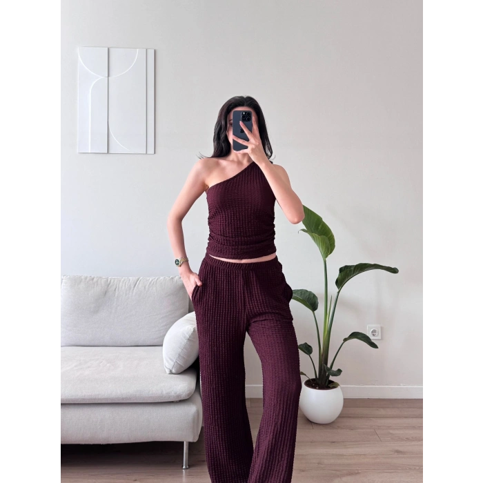 Tek Omuz Crop & Pantolon Takım - MÜRDÜM