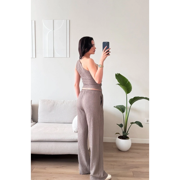 Tek Omuz Crop & Pantolon Takım - VİZON