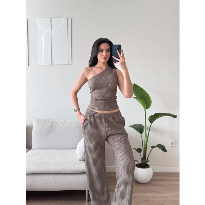 Tek Omuz Crop & Pantolon Takım - VİZON