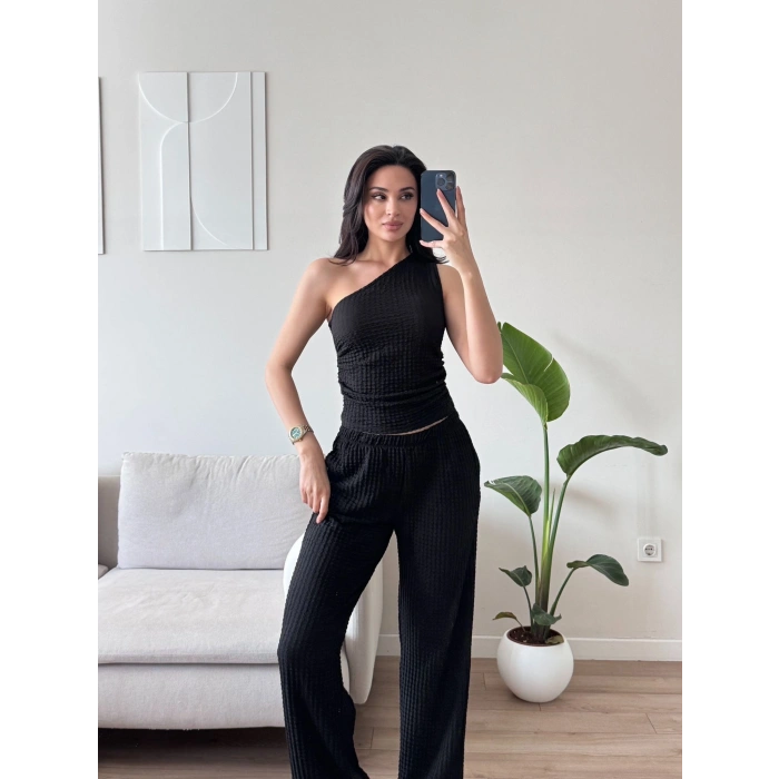 Tek Omuz Crop & Pantolon Takım - SİYAH