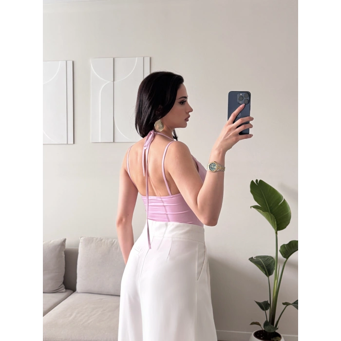 Boyun Geçmeli Güpürlü Bodysuit - PEMBE