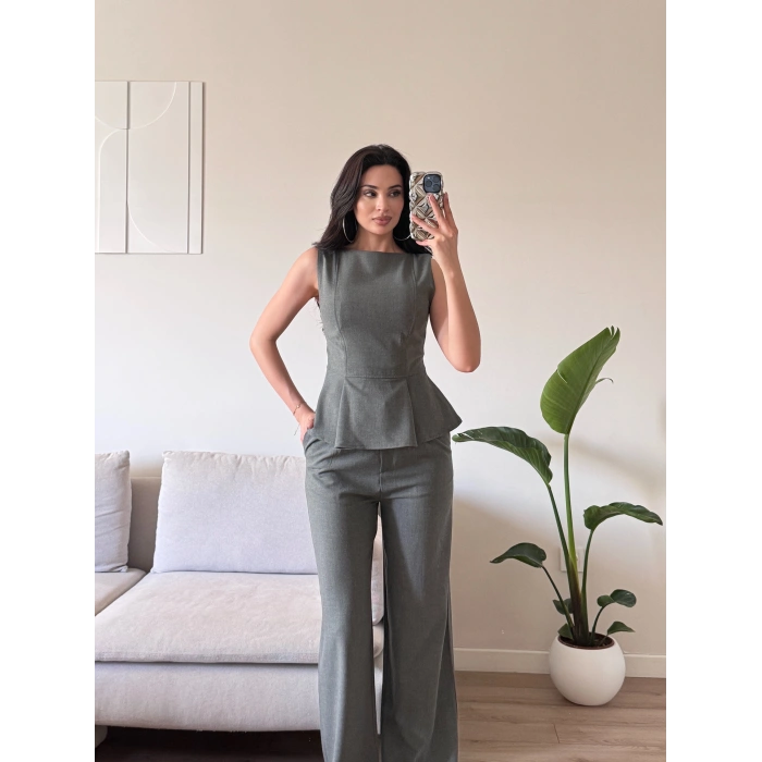 Sıfır Kol Belden Oturtmalı Takım - GRİ