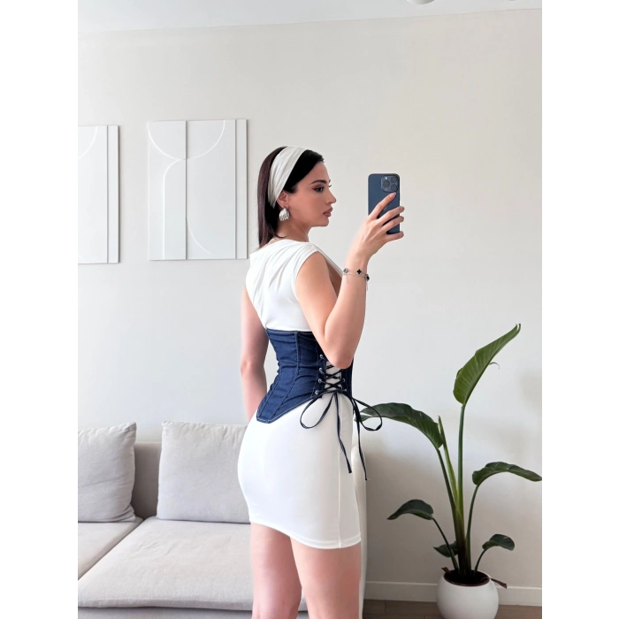 Bel Korse Detay Elbise - BEYAZMAVİ